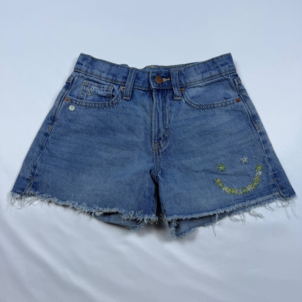 Old Navy Denim Shorts Kids 12 Blue Floral Smiley Face High Rise Raw Hem G22